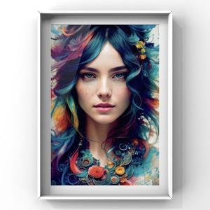 Wall Art print of girl portrait with abstract illustration in different colors